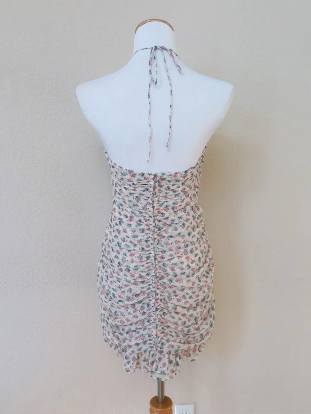 Zara cream ruched halter mini dress with subtle floral and metallic accents